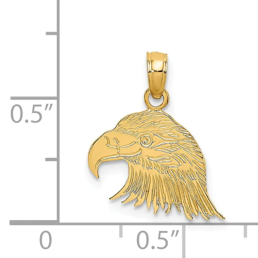 14K Yellow Gold Polished Texture Back Finish Engraved Flat Eagle Head Charm Pendant