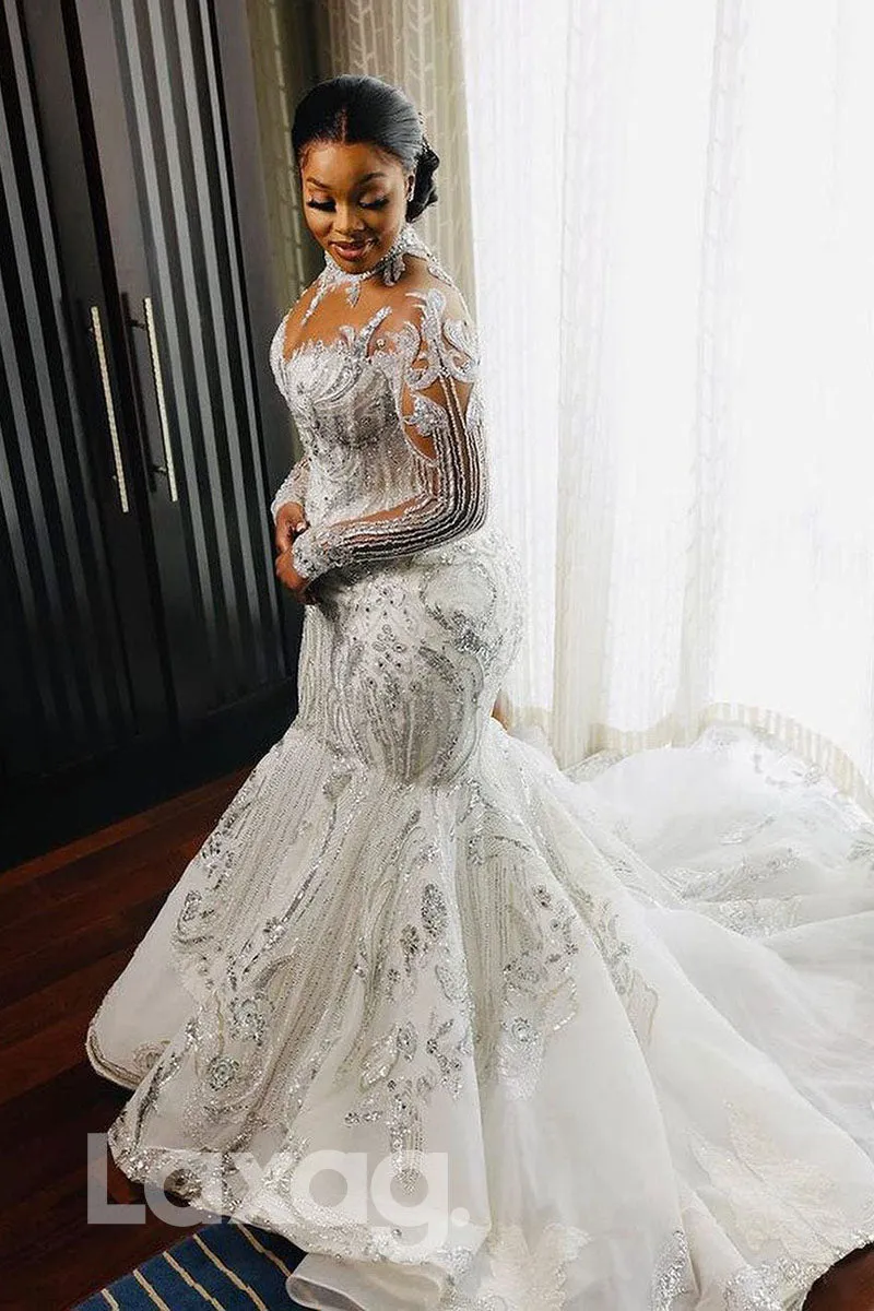 15557 - Illusion Sleeves Stunning Beaded Mermaid Wedding Dress