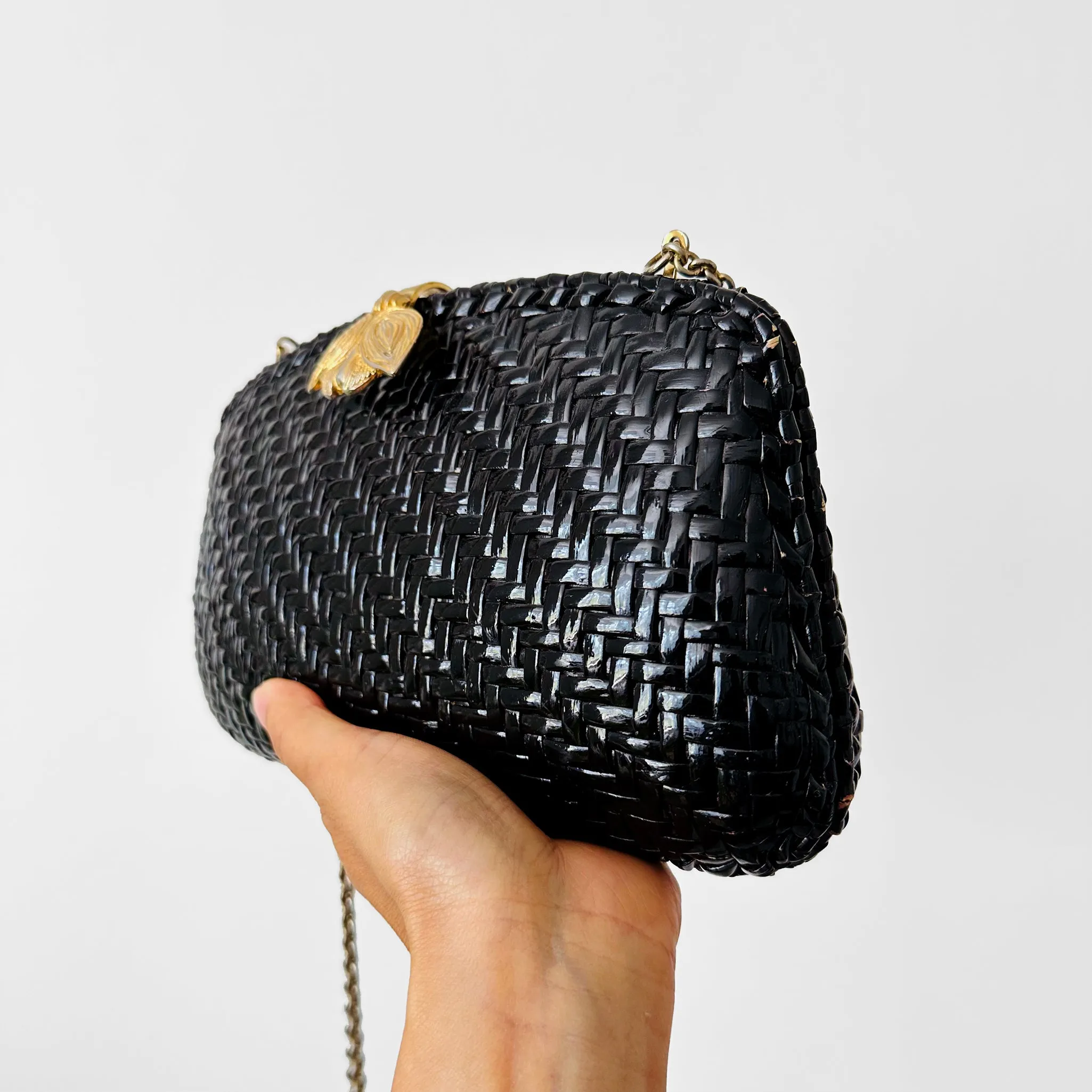 1960s Black Woven Basket Style Gold Leaf Clasped Evening Bag