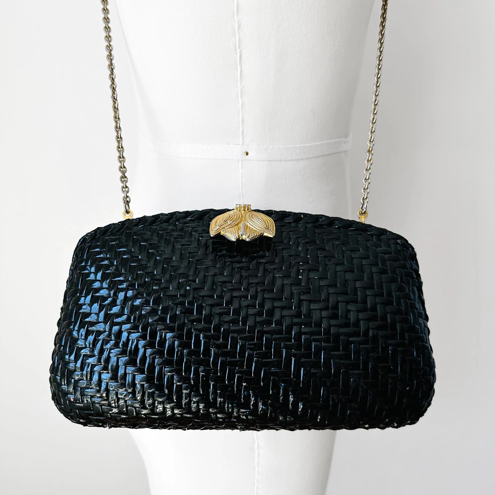 1960s Black Woven Basket Style Gold Leaf Clasped Evening Bag