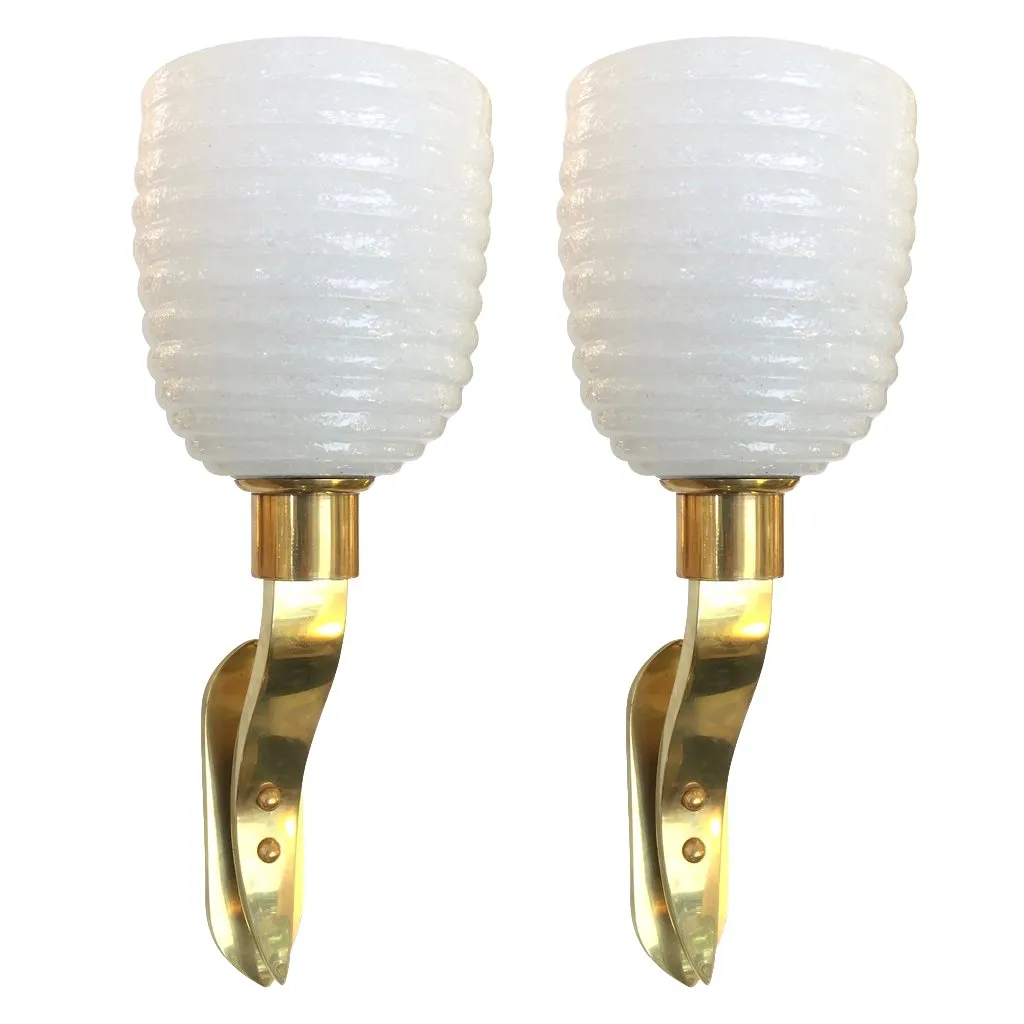 1960s Italian Pair of Art Deco Design Gold and White Murano Glass Sconces