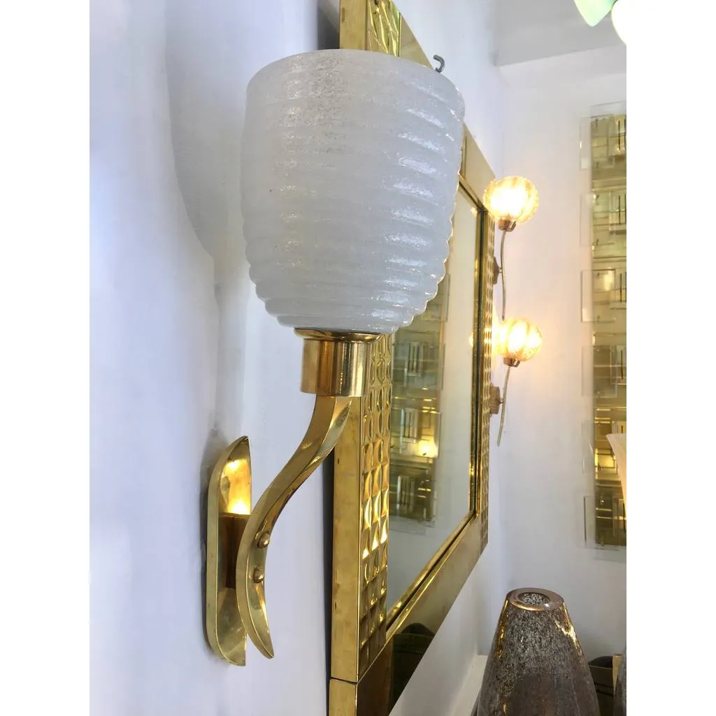 1960s Italian Pair of Art Deco Design Gold and White Murano Glass Sconces