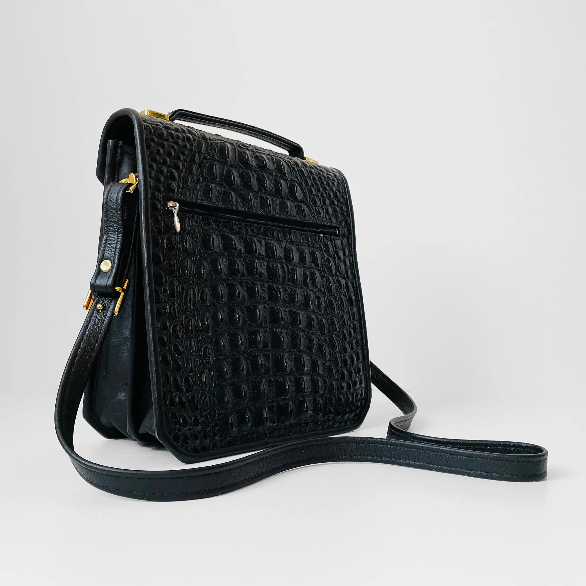 1990s Black Textured Leather Crossbody Satchel