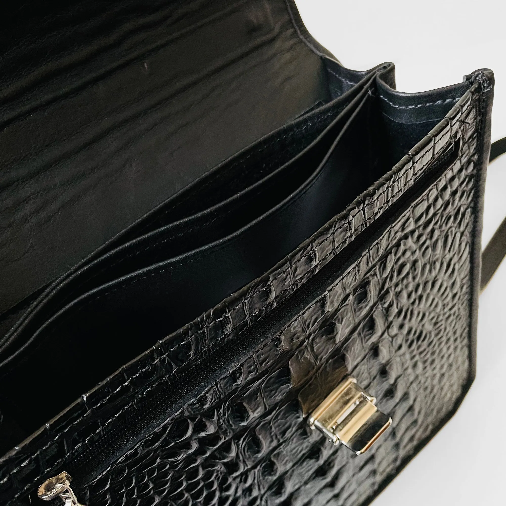 1990s Black Textured Leather Crossbody Satchel