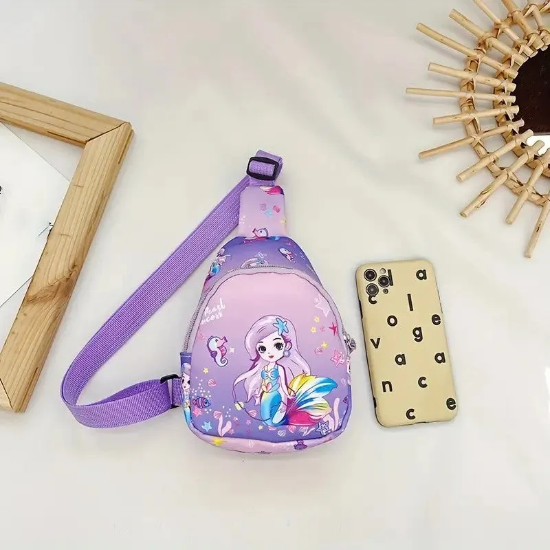 1pc Children's Crossbody Bag, Cartoon Mermaid Fanny Fashion Nylon Bag, Cute Little Waist Bag