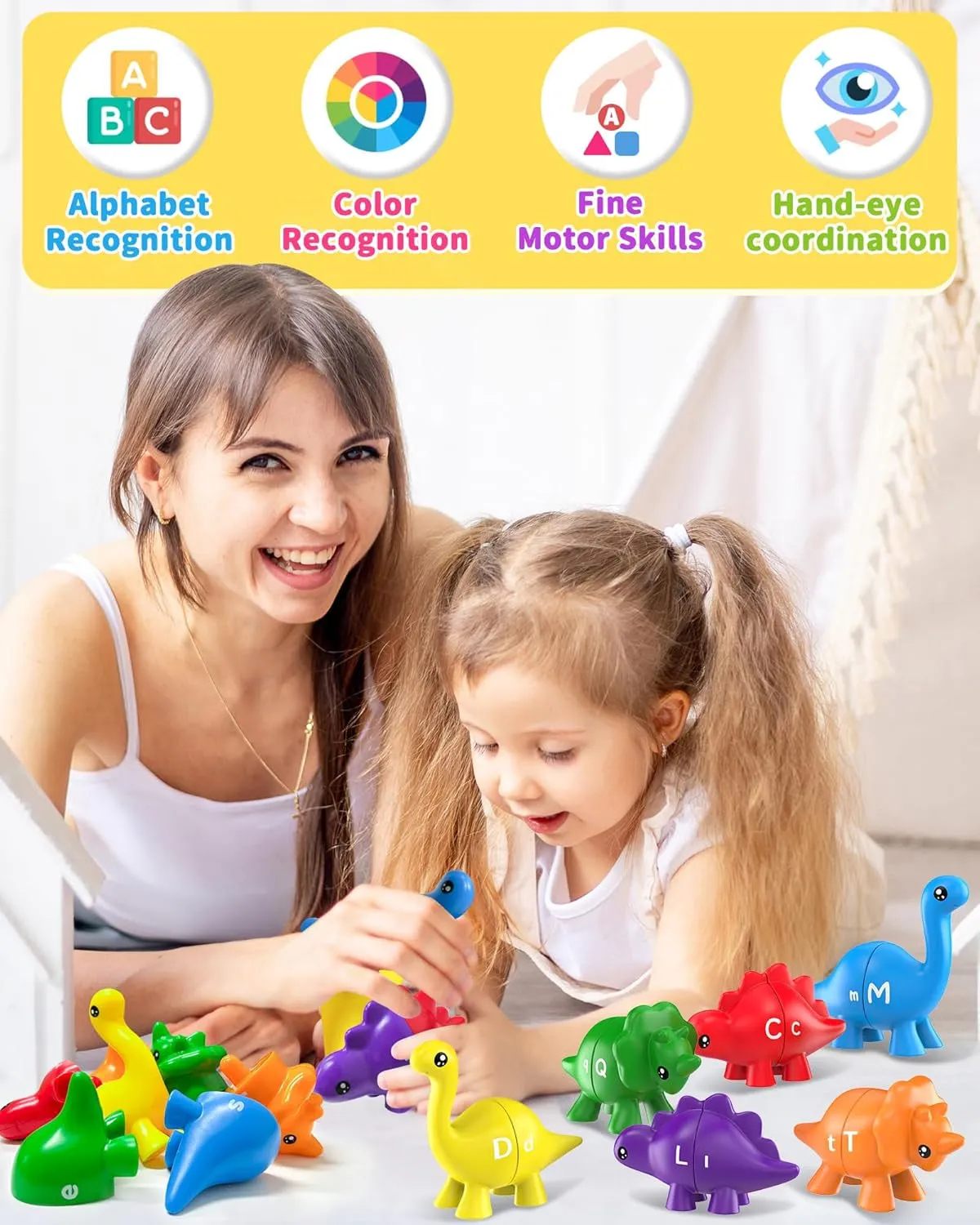 26PCS Dinosaur Alphabet Learning Toys for Toddlers 2-4, Montessori Educational Toys Gifts for 2 3 4 Year Old Boy Girl, Preschool Learning Activities Toys for Kids 3-5