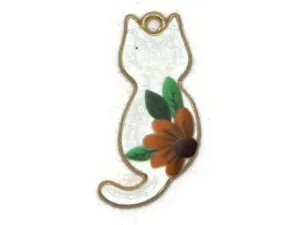 30mm White Cat with Yellow Flower Enamel and Gold Metal Pendant