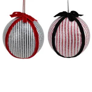 4" Black White Red Striped Fabric Ball Christmas Ornament Set of 2 XY9033