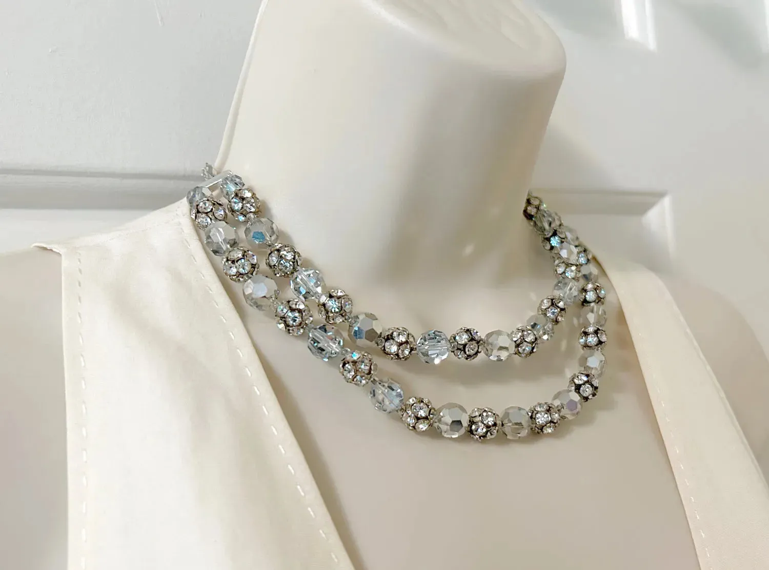 Absolutely Stunning Silvery Faceted Beads Double Strand Necklace