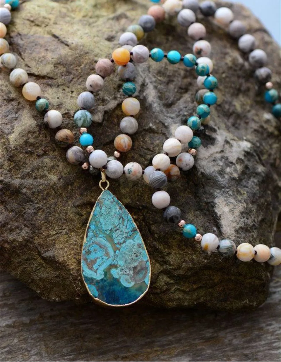 Absolutely Stunning!!!Natural Ocean Stone Necklace with Teardrop Shaped Pendant