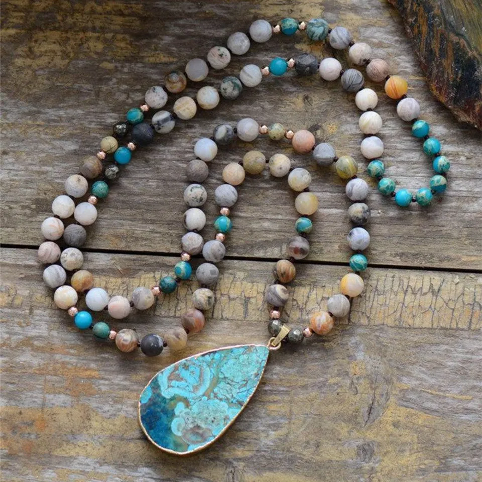 Absolutely Stunning!!!Natural Ocean Stone Necklace with Teardrop Shaped Pendant