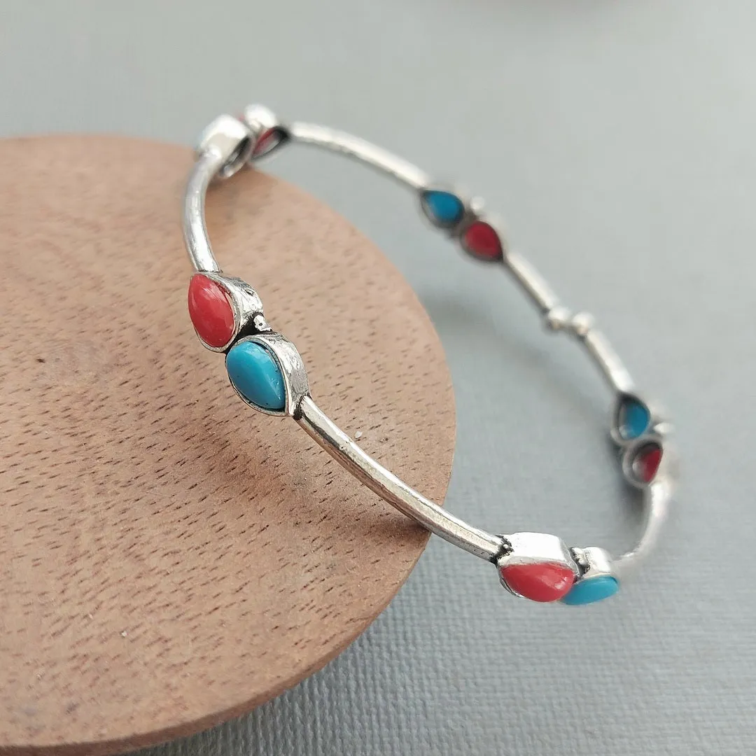 Adjustable Bracelet: Turquoise and Red Silver Toned Bracelet