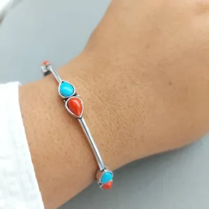 Adjustable Bracelet: Turquoise and Red Silver Toned Bracelet