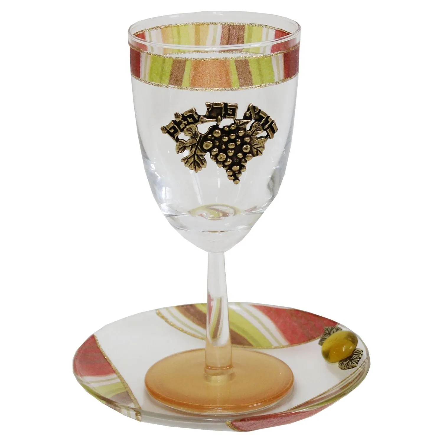 Artistic Glass Kiddush Cup With Saucer - Gold - Made in Israel by Lily Art