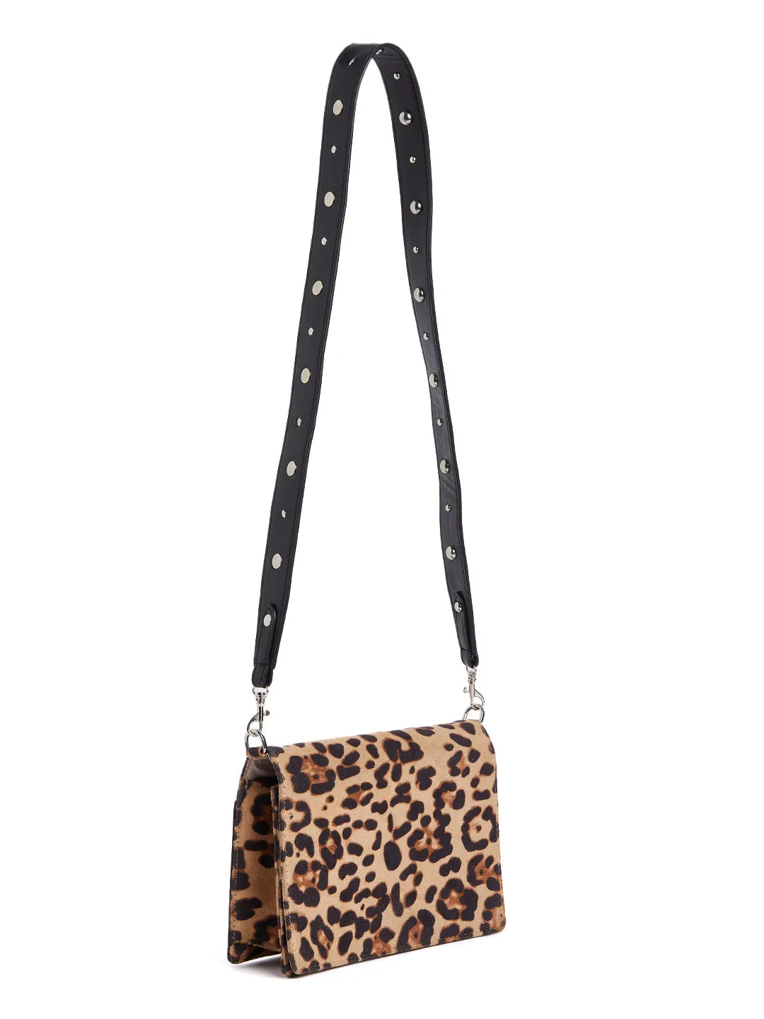 Berrylush Women Beige & Brown Animal Printed Detachable Sling Strap Studded Small Bag