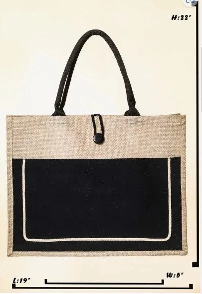 Black and Tan Rectangle Jute Tote Bag