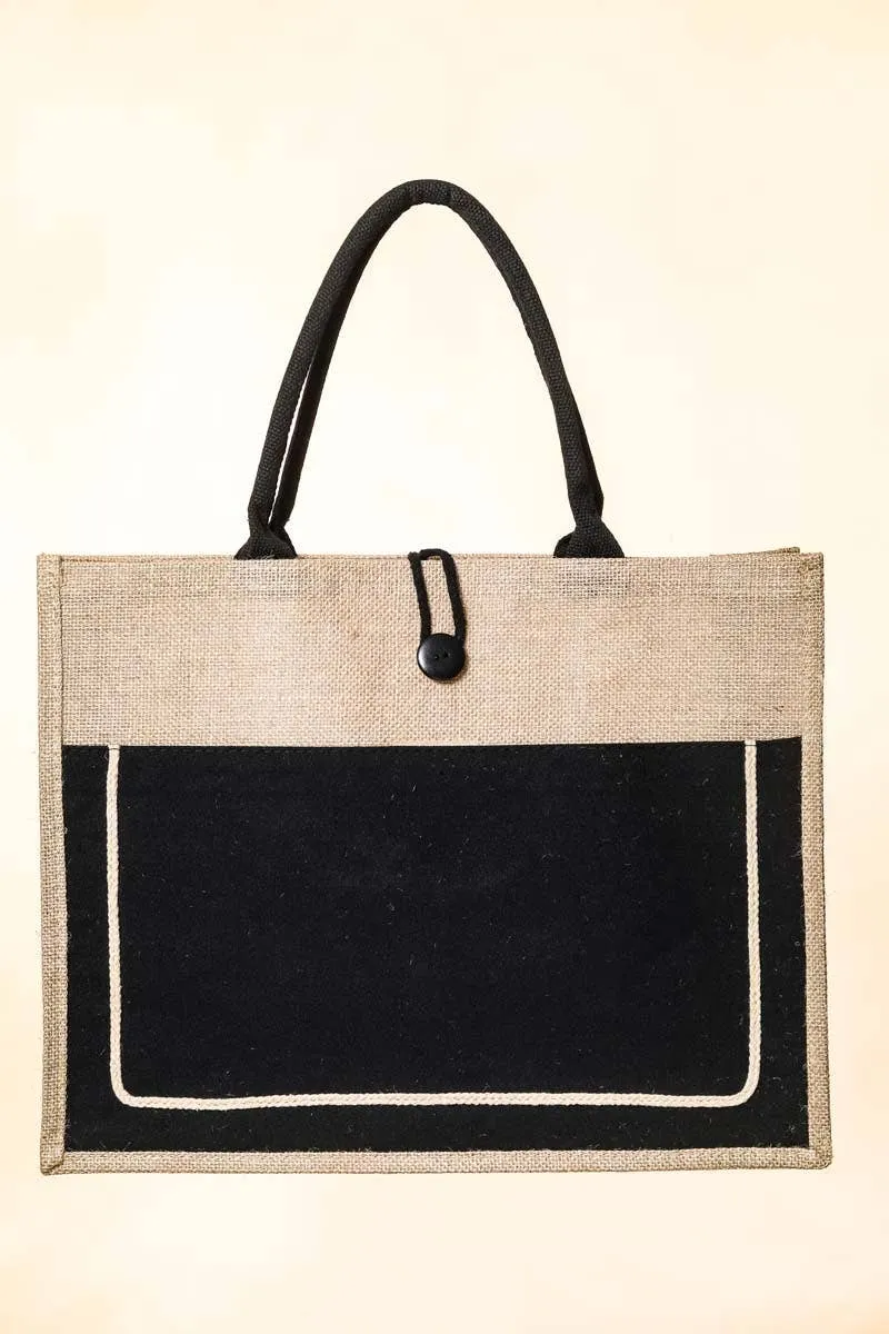 Black and Tan Rectangle Jute Tote Bag