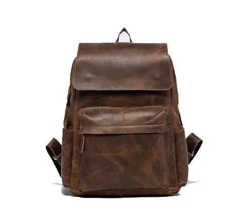 Black Cool Mens Leather 15inch Laptop Backpack Leather School Backpack Travel Backpack for Men