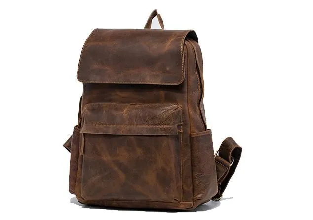 Black Cool Mens Leather 15inch Laptop Backpack Leather School Backpack Travel Backpack for Men