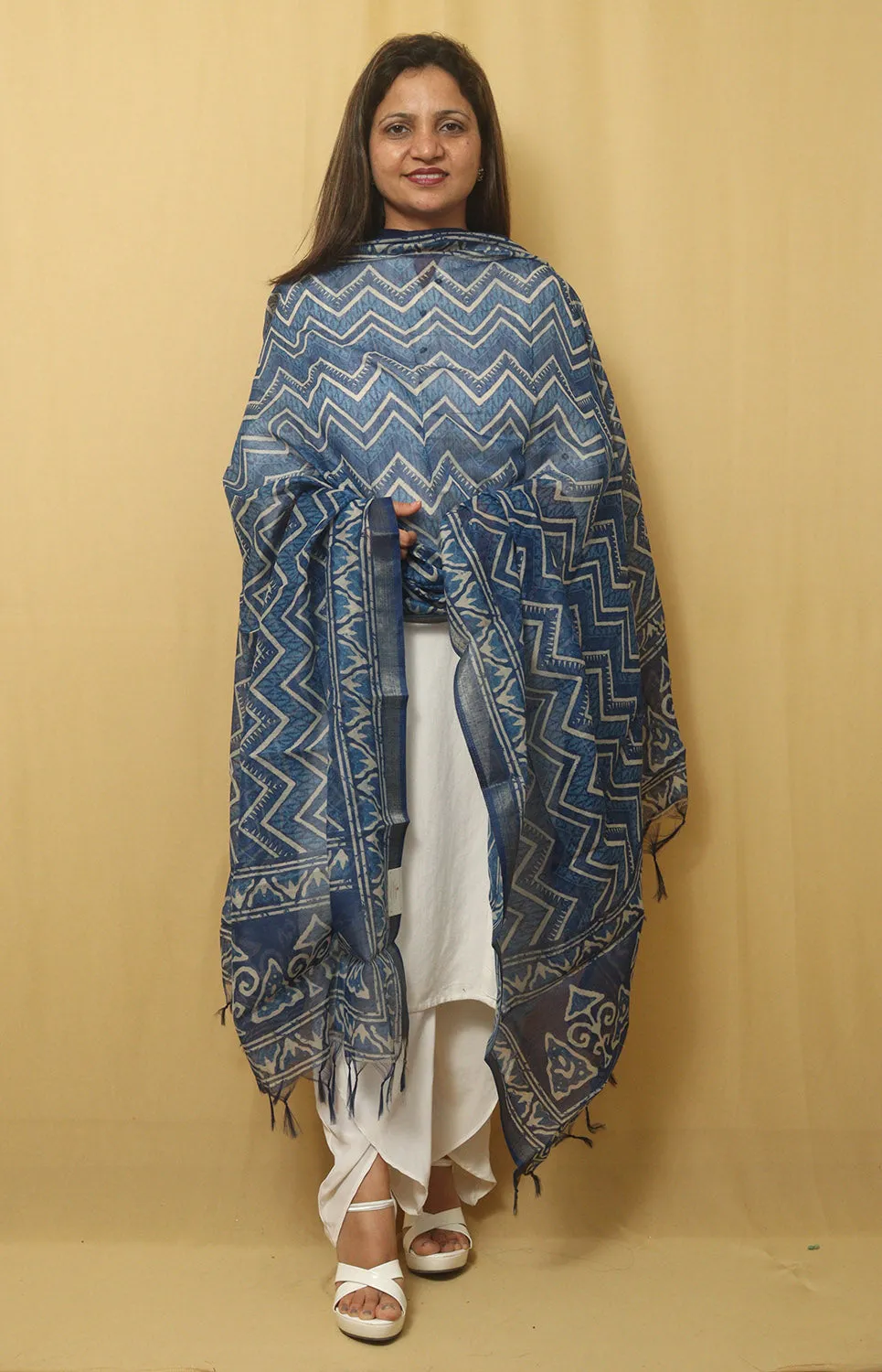 Block Printed Blue Chanderi Silk Dupatta - Stunning Design