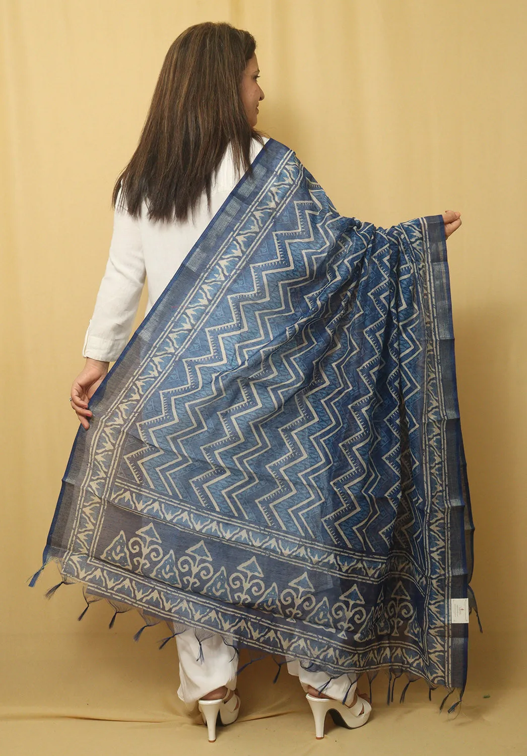 Block Printed Blue Chanderi Silk Dupatta - Stunning Design