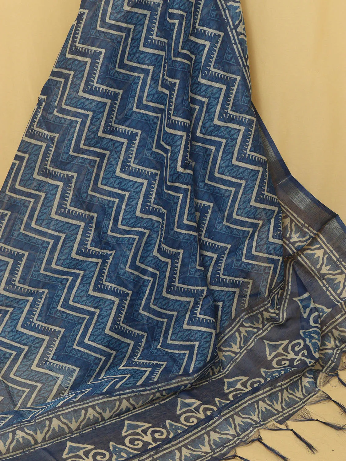 Block Printed Blue Chanderi Silk Dupatta - Stunning Design