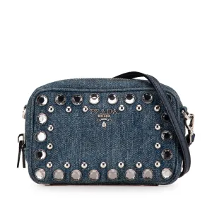 Blue Prada Mini Denim Studded Embellished Camera Crossbody