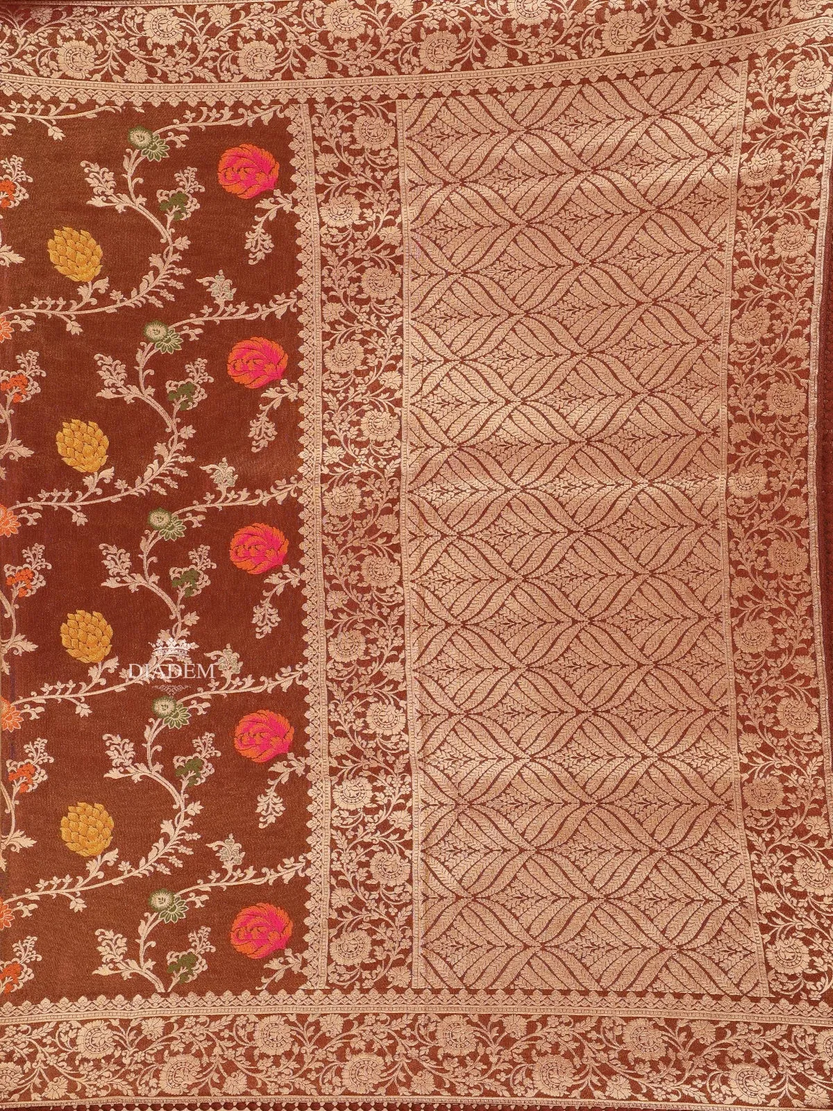 Brown Banarasi Saree with Floral Design on the Body with Zari Border