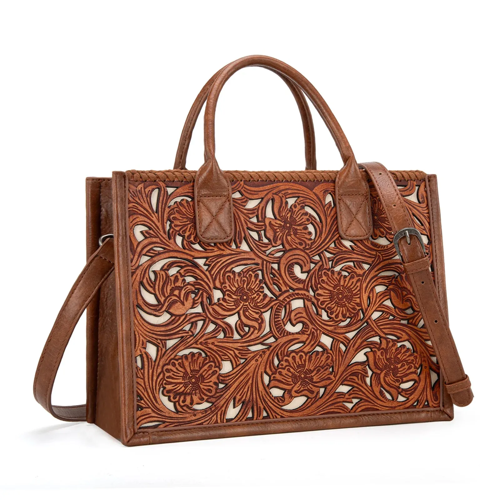 Brown Floral Tooled Concealed Carry Tote/Crossbody - TR186-8122BR