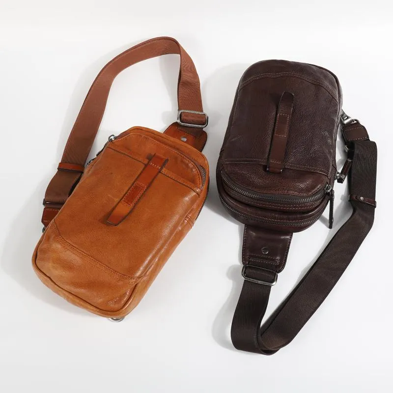 Casual Tan Leather Mens Chest Bag Sling Bag Coffee Crossbody Pack One Shoulder Backpack for Men