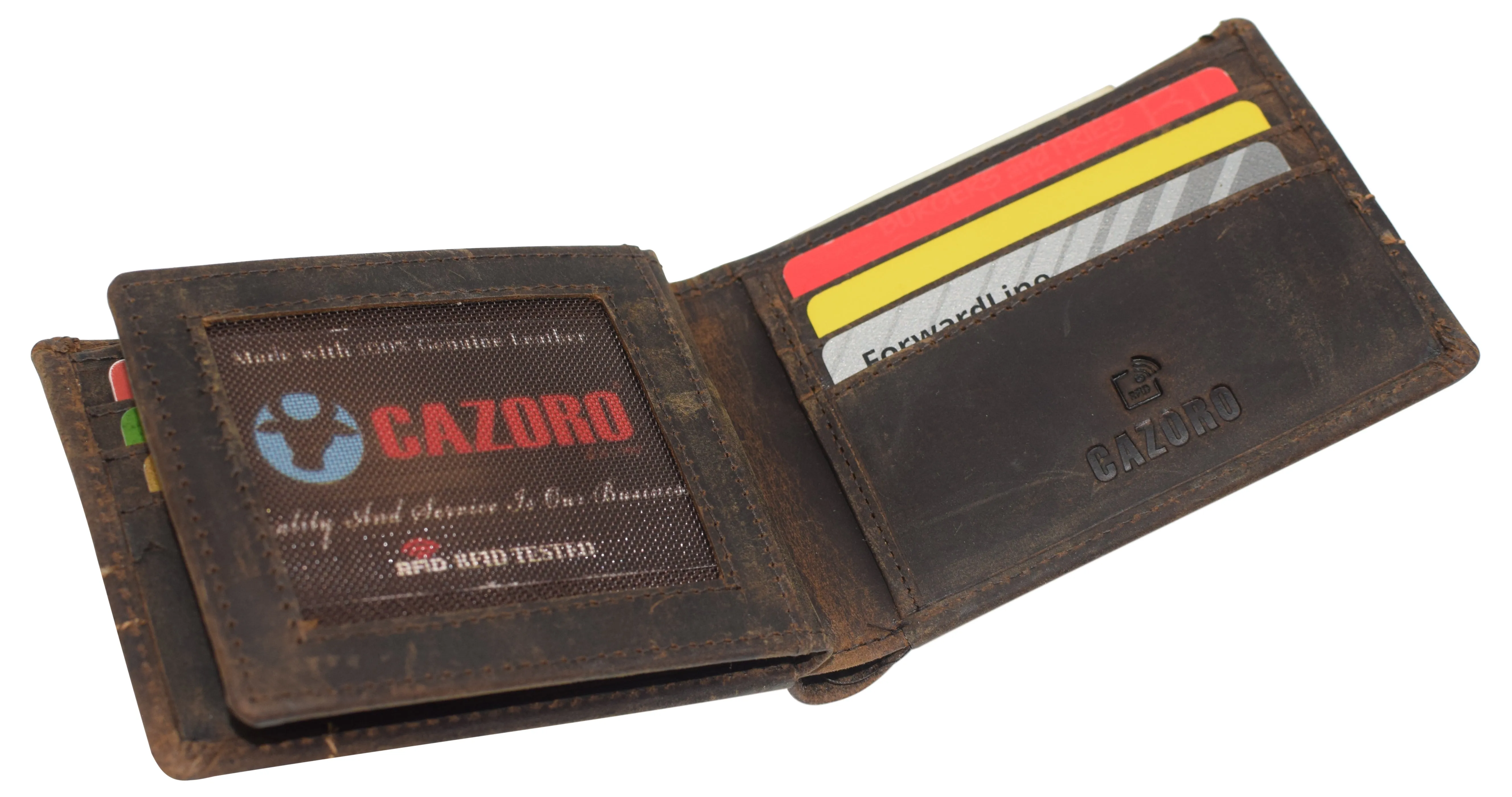 CAZORO RFID Blocking Men's Handmade Vintage Distressed Genuine Leather Bifold ID Window Wallet for Men 9-Series 52HTC