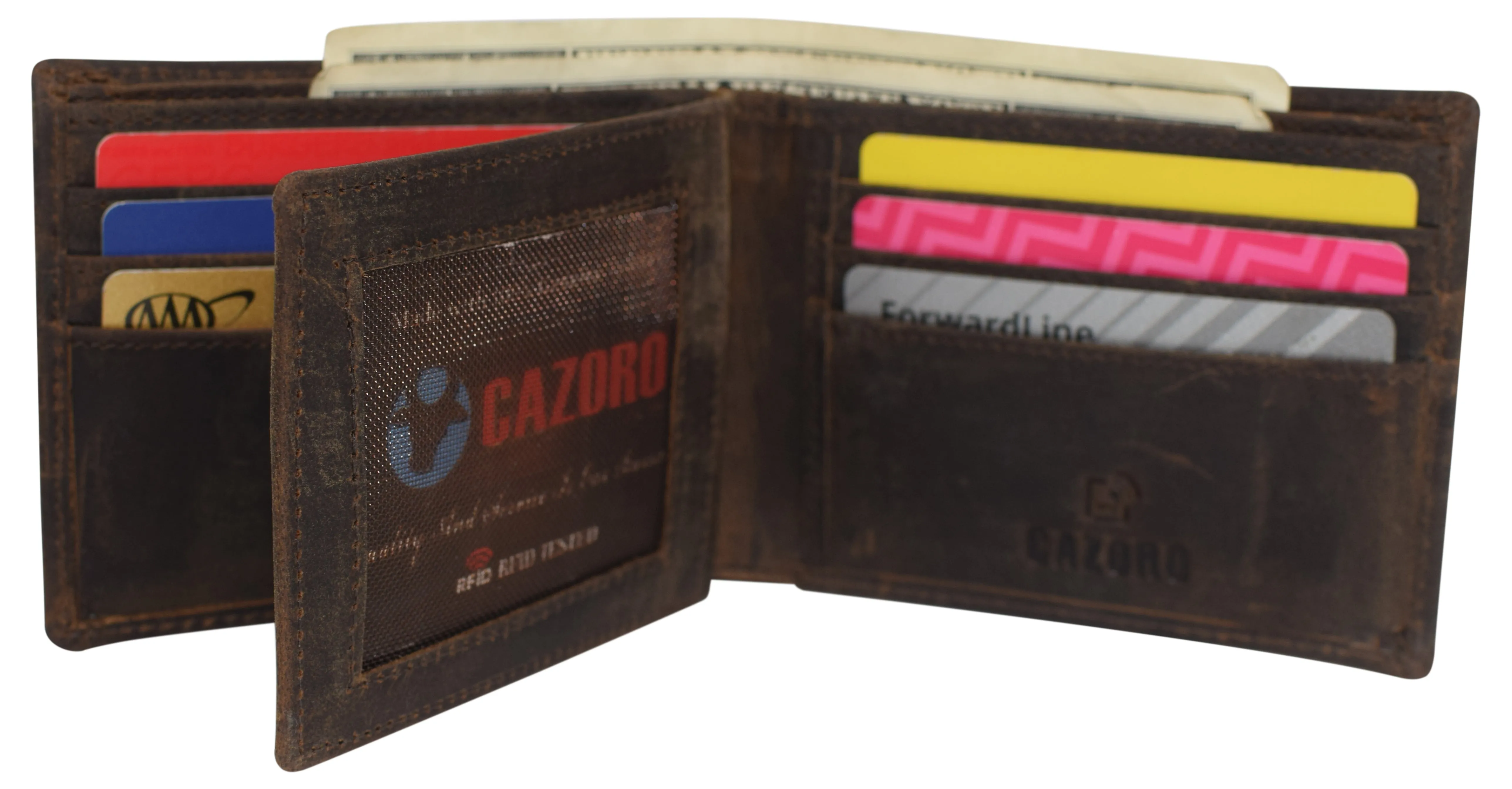 CAZORO RFID Blocking Men's Handmade Vintage Distressed Genuine Leather Bifold ID Window Wallet for Men 9-Series 52HTC