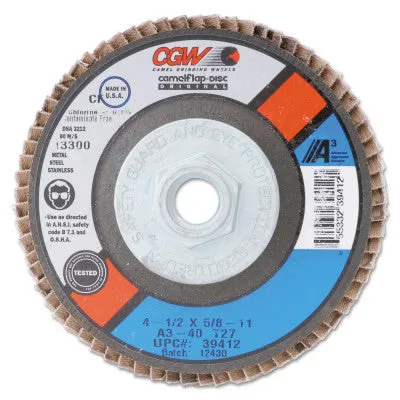 CGW Abrasives Flap Discs, A3 Aluminum Oxide, XL, 4 1/2", 40 Grit, 7/8 Arbor, 13,300 rpm, T29, 39462