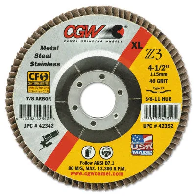 CGW Abrasives Prem Z3 Reg T29 Flap Disc, 4-1/2 in dia,60 Grit, 5/8 in-11 Arbor, 13,300 RPM, 42334