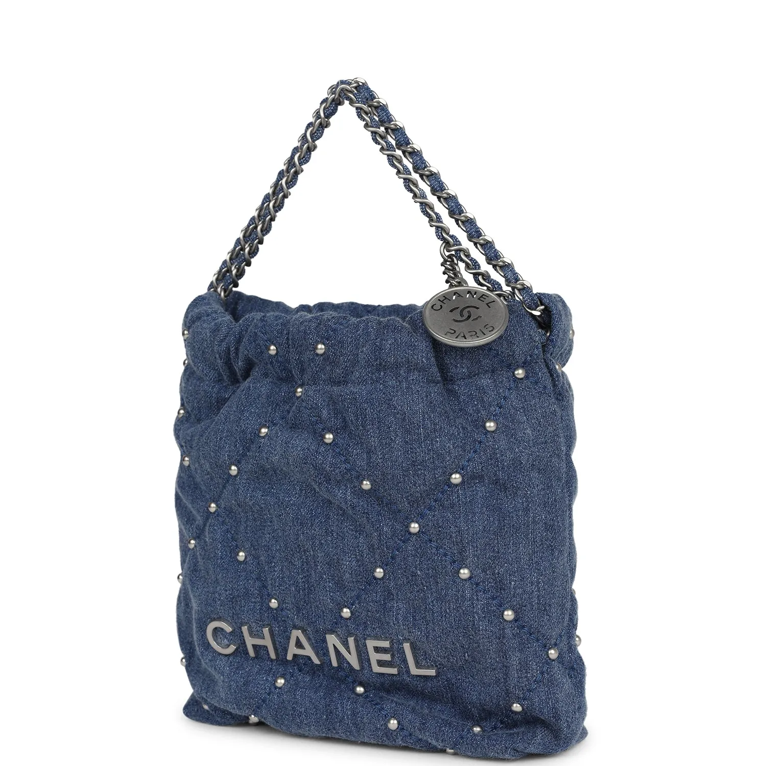 Chanel Mini 22 Bag Blue Studded Denim Silver Hardware