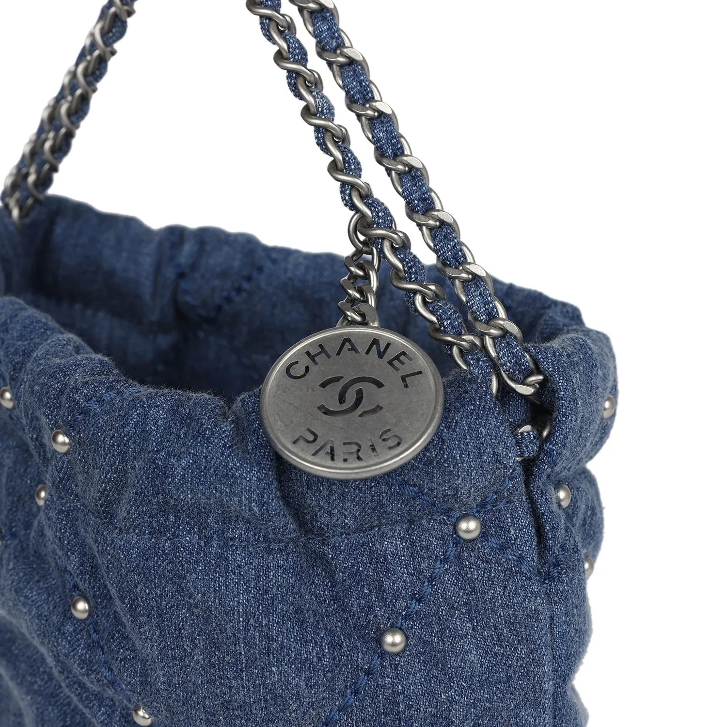 Chanel Mini 22 Bag Blue Studded Denim Silver Hardware