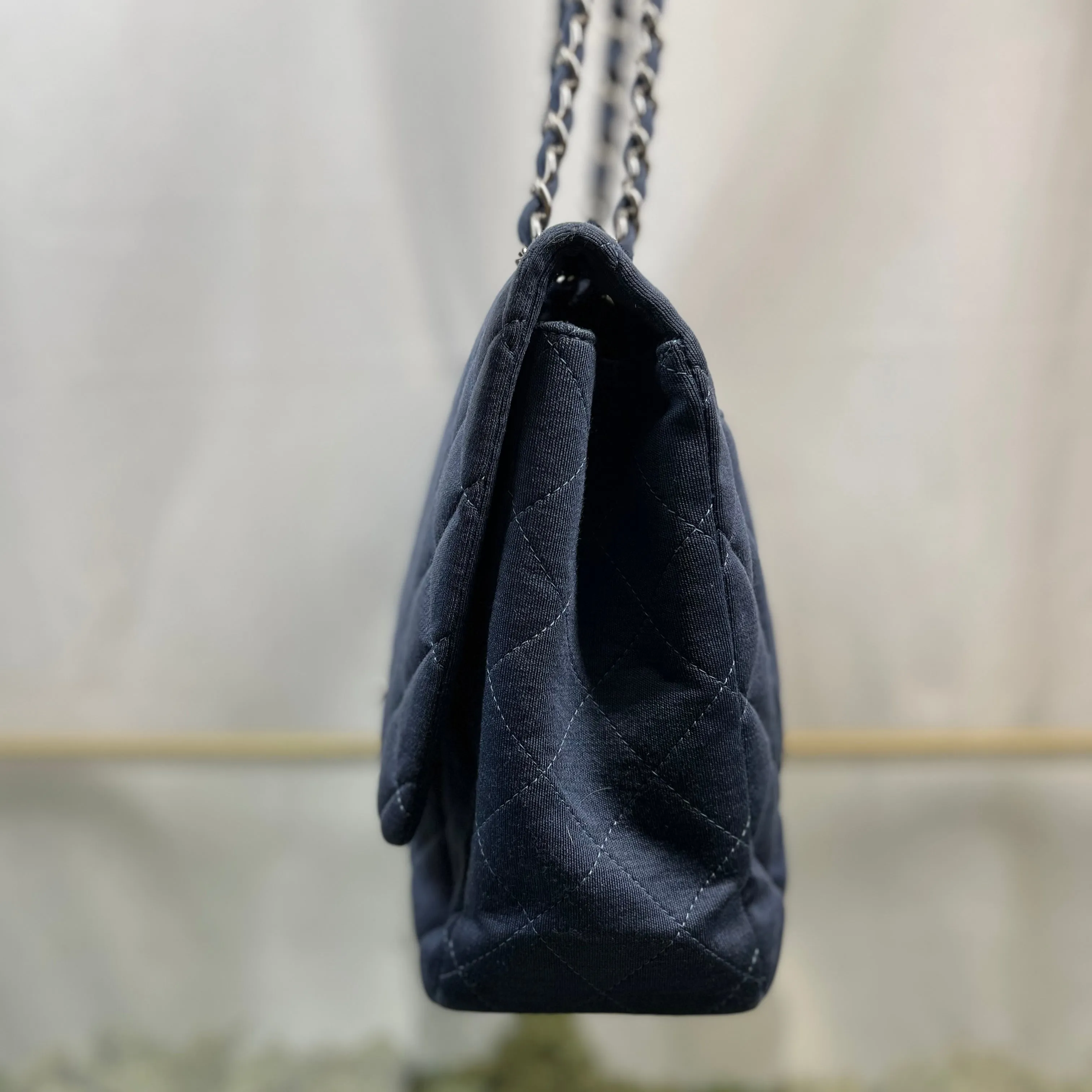 CHANEL Single Flap Jumbo Blue Jersey Shoulder Bag TS3774