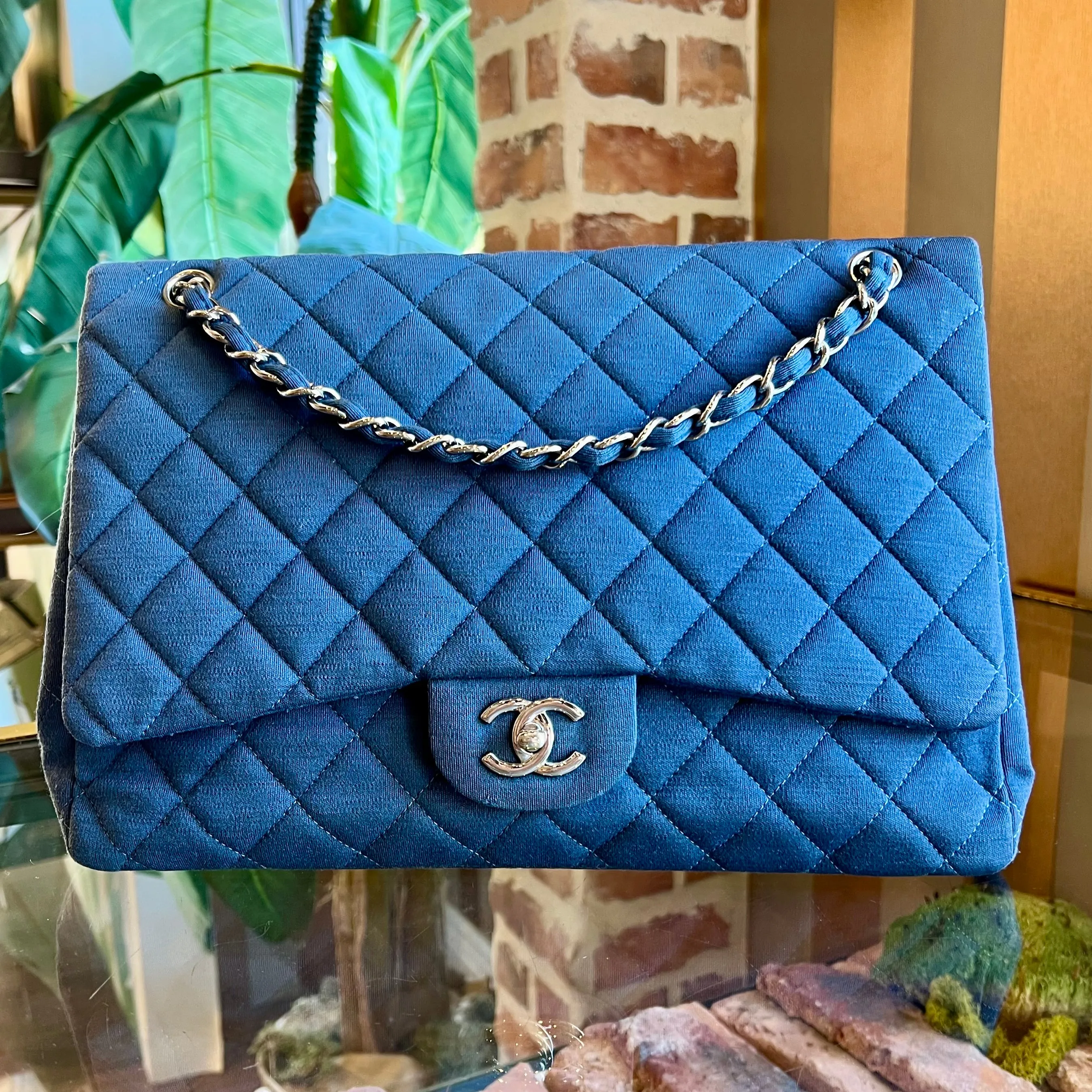 CHANEL Single Flap Jumbo Blue Jersey Shoulder Bag TS3774