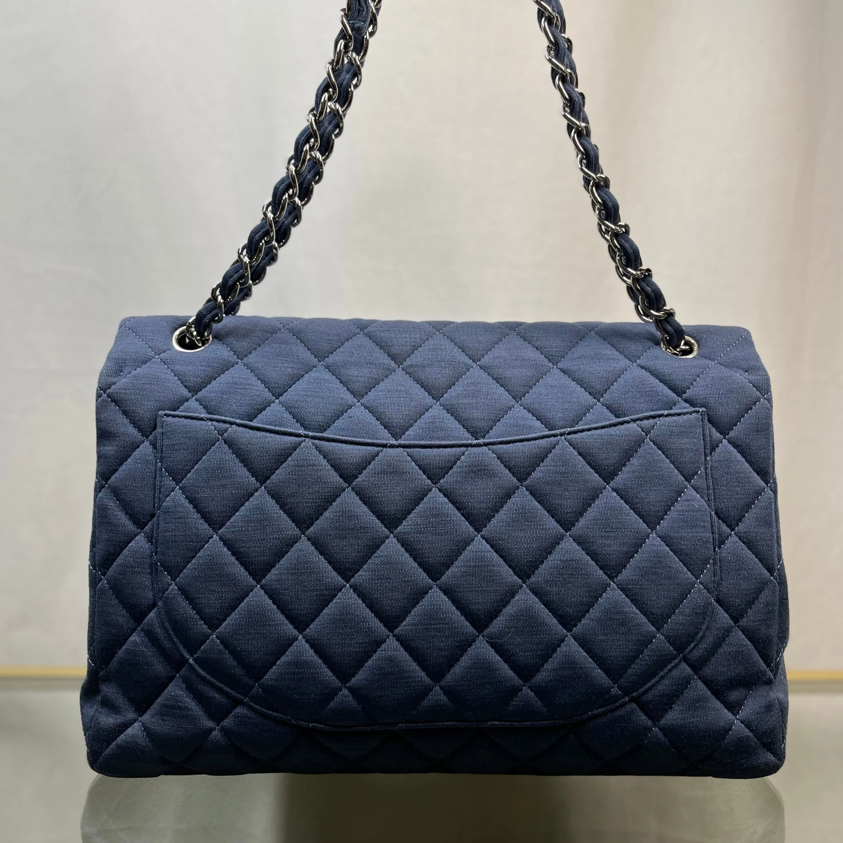 CHANEL Single Flap Jumbo Blue Jersey Shoulder Bag TS3774