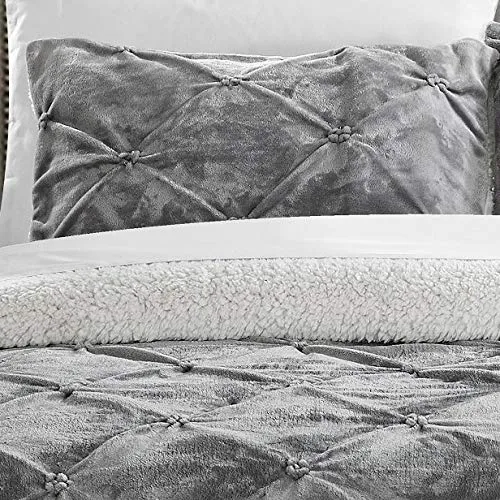 Chic Home 3 Piece Josepha Pinch Pleated Ruffled & Pintuck Sherpa Lined Comforter Set, Queen, Grey