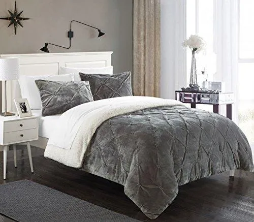 Chic Home 3 Piece Josepha Pinch Pleated Ruffled & Pintuck Sherpa Lined Comforter Set, Queen, Grey