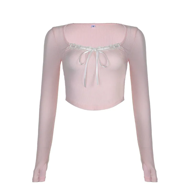 Coquette Girl Sweet Lace Square Neck Pink Slim Fit Long Sleeve Shirt Top