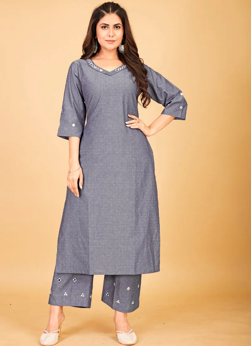 Denim Cotton Plazzo Suit with Stunning Mirror Work