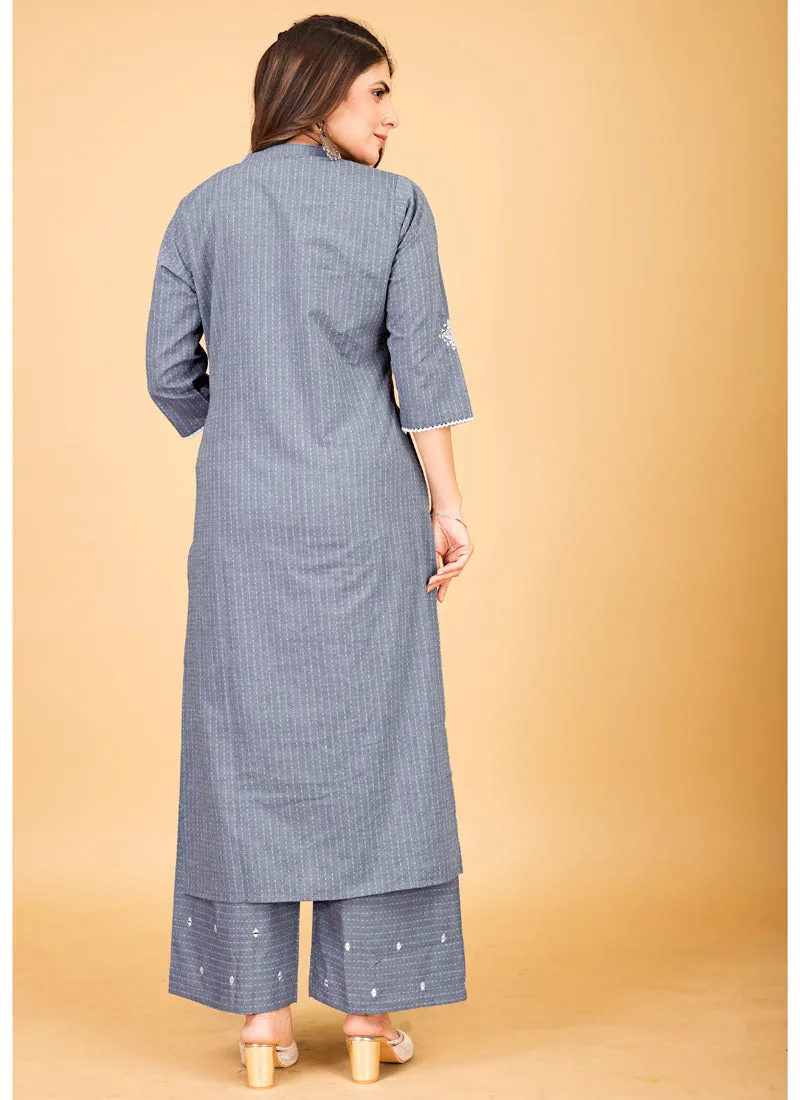 Denim Cotton Plazzo Suit with Stunning Mirror Work