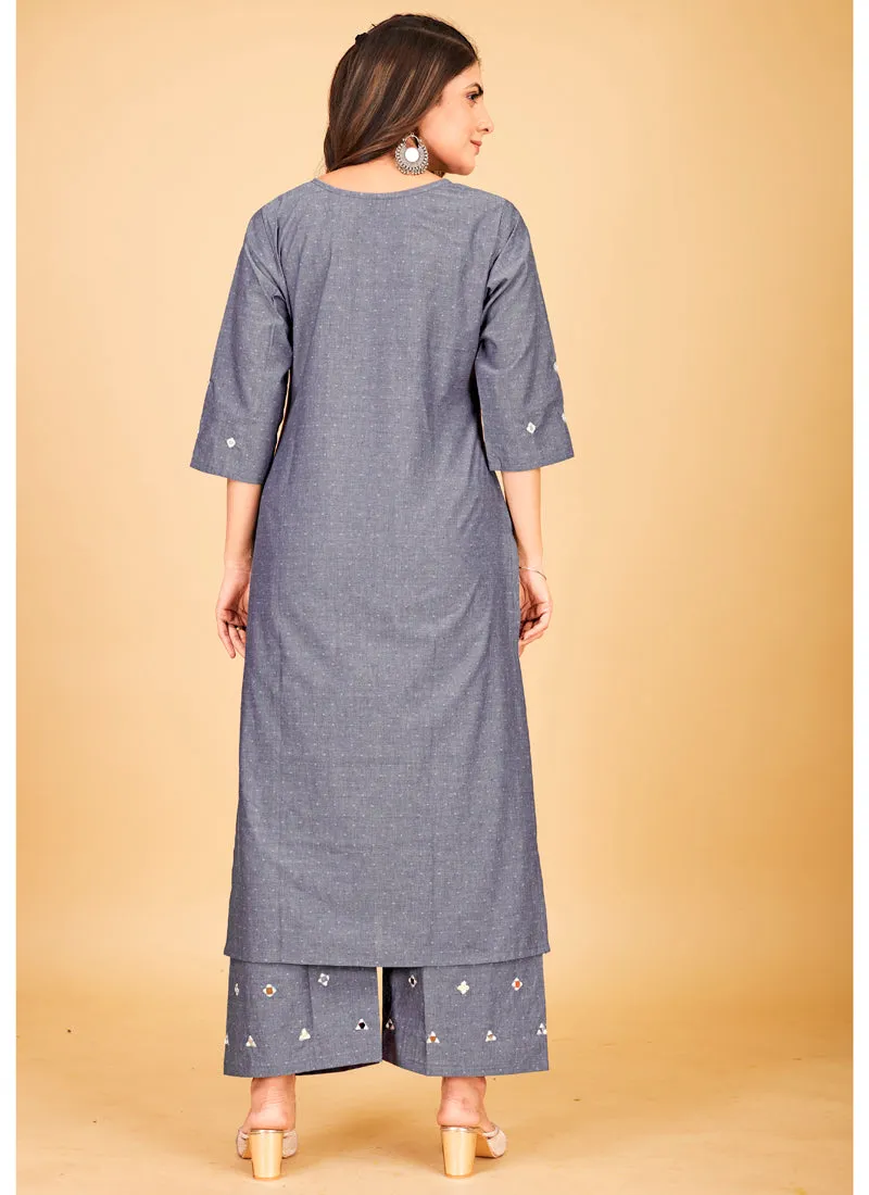 Denim Cotton Plazzo Suit with Stunning Mirror Work