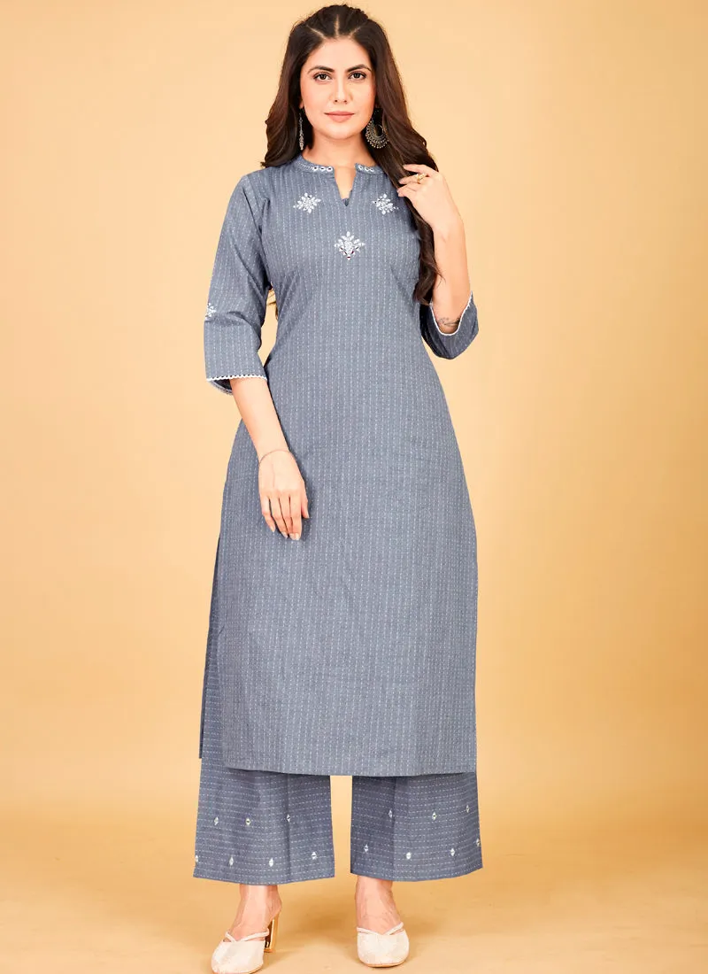 Denim Cotton Plazzo Suit with Stunning Mirror Work