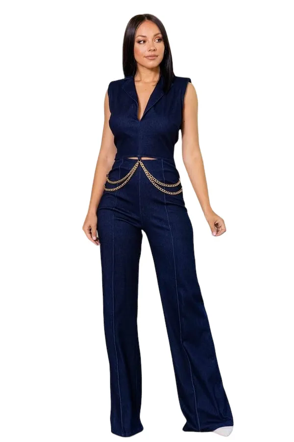 Denim stretch fashion jumpsuit