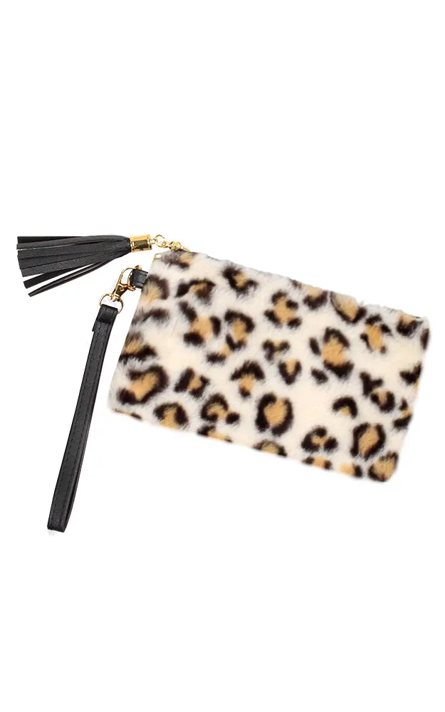 EAB9564 Beige Leopard Fur Crossbody Clutch Bag