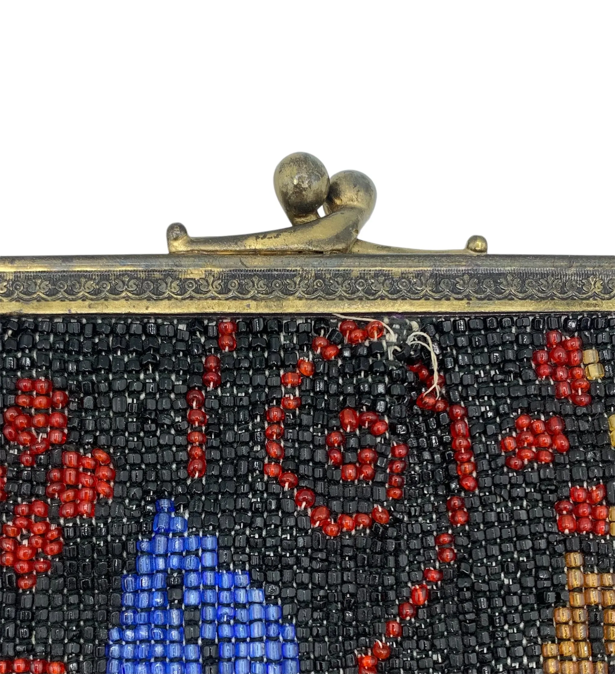 Early Teens/1920s Glass Beaded Fringe Brass Frame Purse