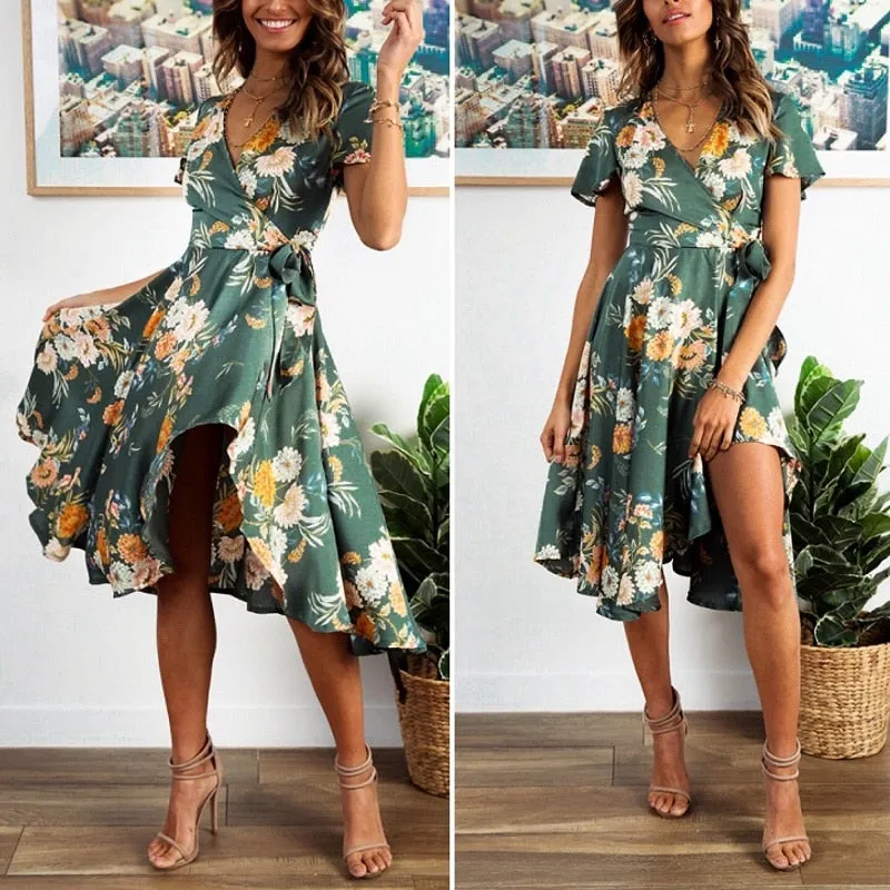 Elegant Floral Print Satin Wrap High Waist Summer Dress